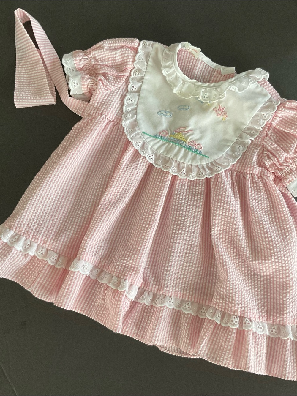 Vintage Pink Seersucker Baby Dress with Embroidered Bib